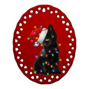 Christmas Lights Santa Kitty Ceramic Oval Ornament