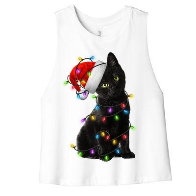 Christmas Lights Santa Kitty Women's Racerback Cropped Tank