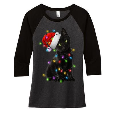 Christmas Lights Santa Kitty Women's Tri-Blend 3/4-Sleeve Raglan Shirt