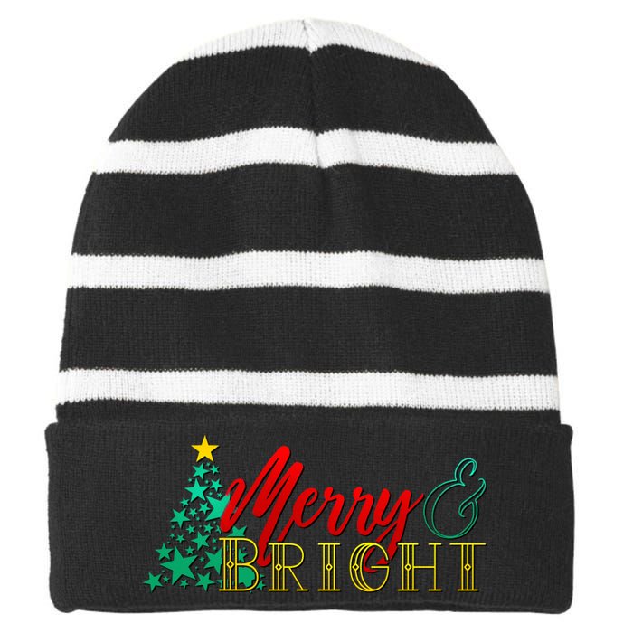 Christmas Merry & Bright Striped Beanie with Solid Band