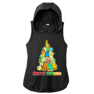 Christmas Merry Catmas Tree Ladies PosiCharge Tri-Blend Wicking Draft Hoodie Tank