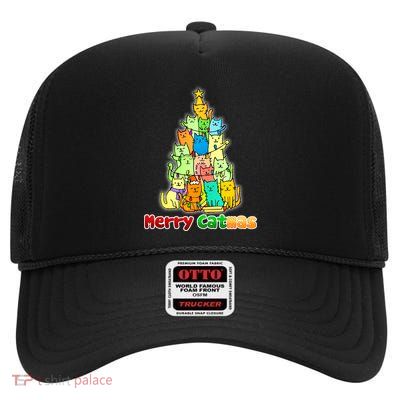 Christmas Merry Catmas Tree High Crown Mesh Back Trucker Hat