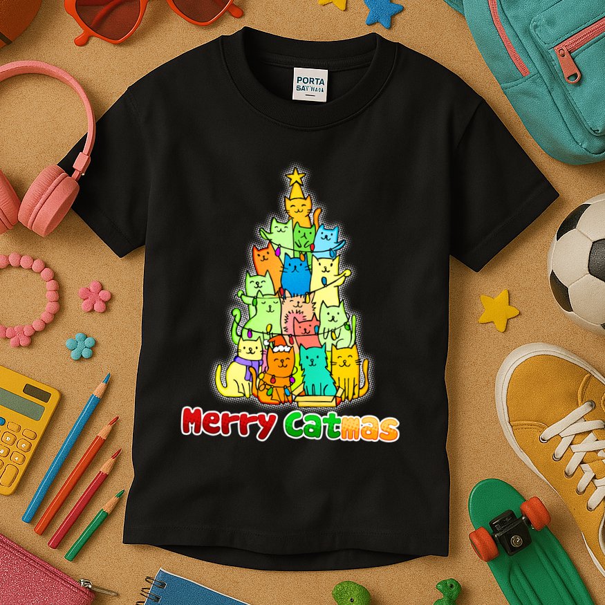 Christmas Merry Catmas Tree Kids T-Shirt