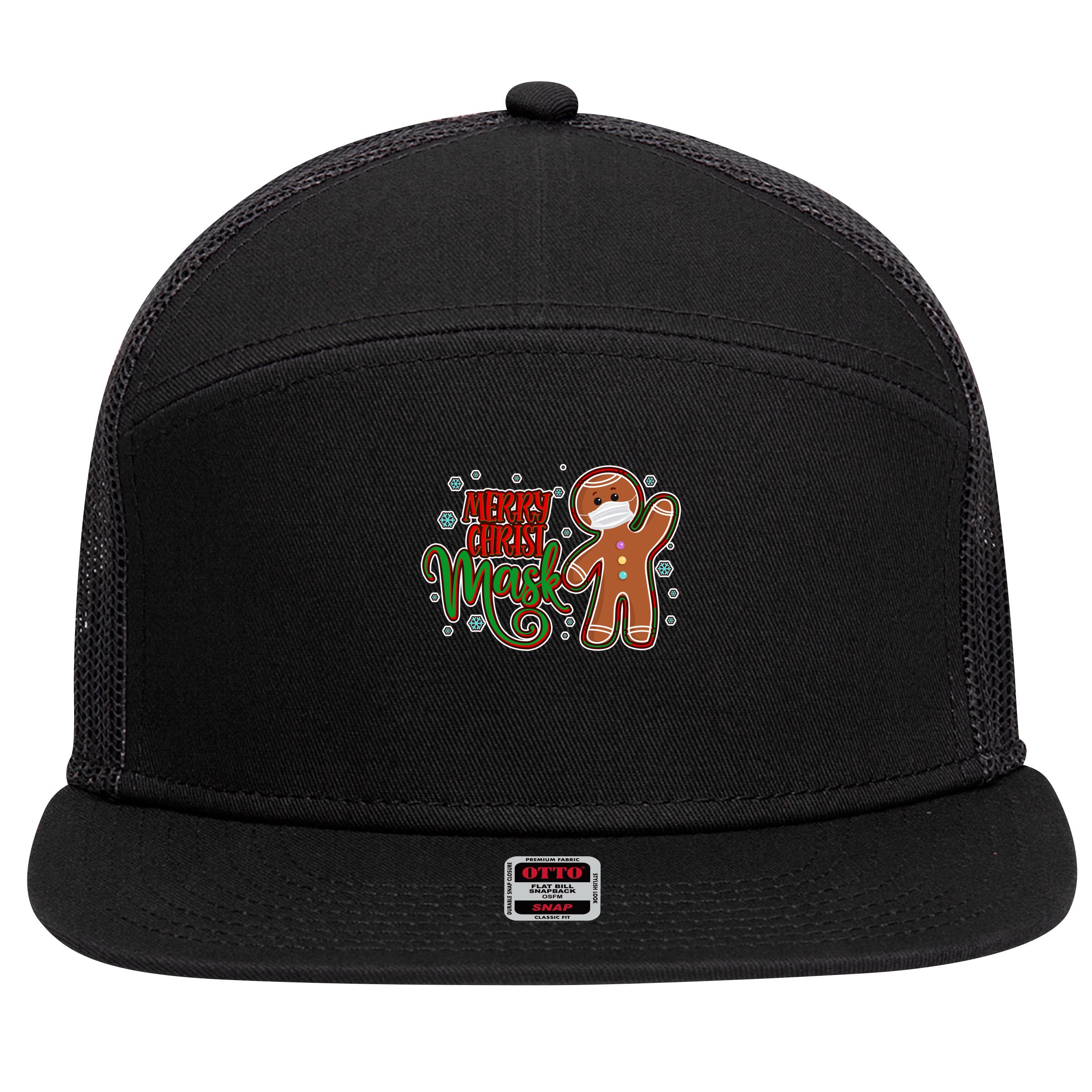 Christmas Merry Christ-Mask Gingerbread Man 7 Panel Mesh Trucker Snapback Hat