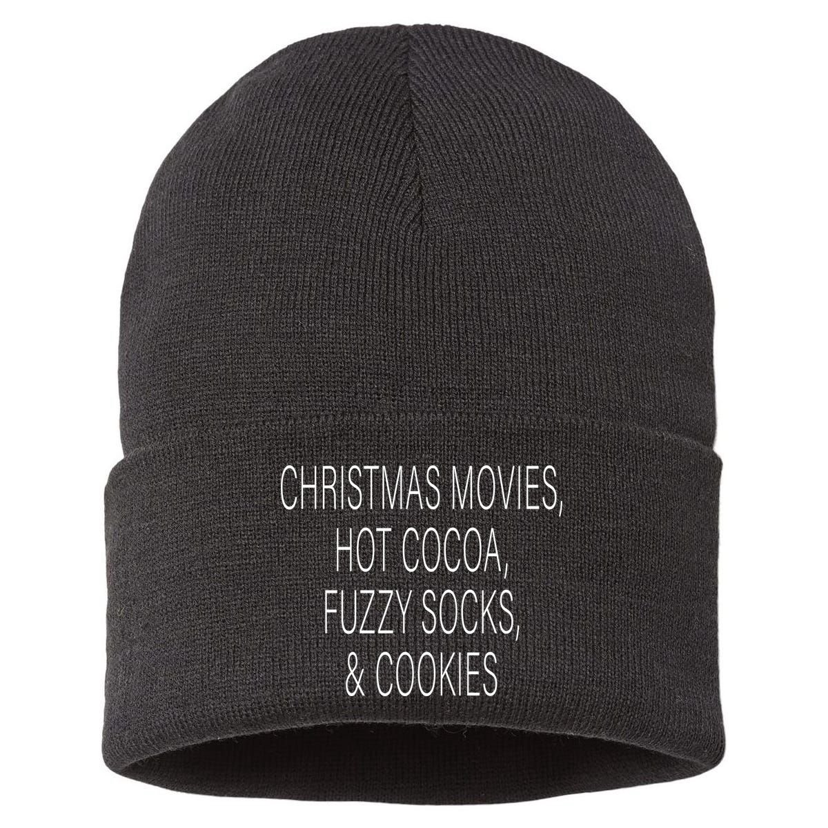 Christmas Movies Hot Cocoa Fuzzy Socks & Cookies Sustainable Knit Beanie