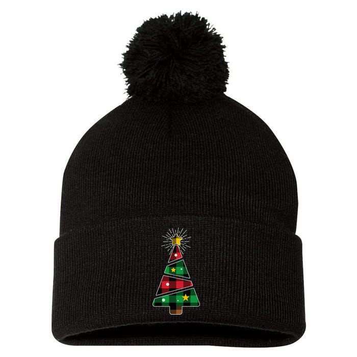 Christmas Multi Plaid Tree Pom Pom 12in Knit Beanie