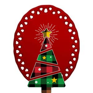 Christmas Multi Plaid Tree Ceramic Oval Ornament