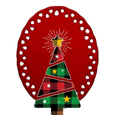 Christmas Multi Plaid Tree Ceramic Oval Ornament