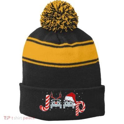 Christmas off Road Car Reindeer Stripe Pom Pom Beanie