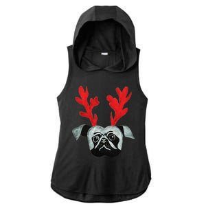 Christmas Pug Reindeer Ladies PosiCharge Tri-Blend Wicking Draft Hoodie Tank