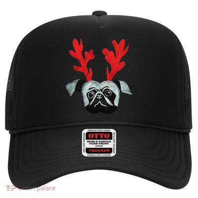Christmas Pug Reindeer High Crown Mesh Back Trucker Hat