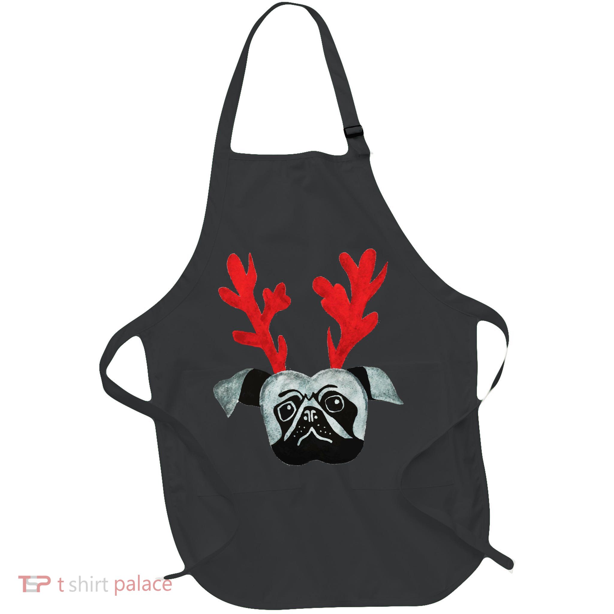 Christmas Pug Reindeer Full-Length Apron With Pockets