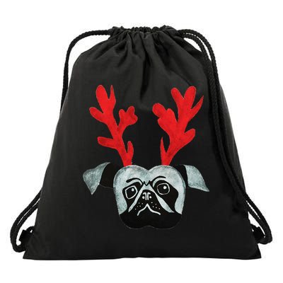 Christmas Pug Reindeer Drawstring Bag