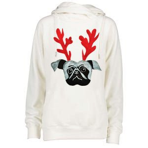 Christmas Pug Reindeer Womens Funnel Neck Pullover Hood