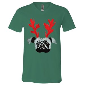 Christmas Pug Reindeer V-Neck T-Shirt