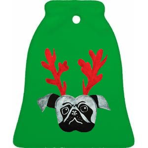 Christmas Pug Reindeer Ceramic Bell Ornament