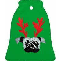 Christmas Pug Reindeer Ceramic Bell Ornament