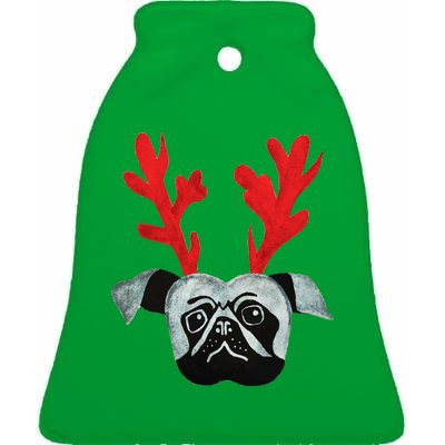 Christmas Pug Reindeer Ceramic Bell Ornament