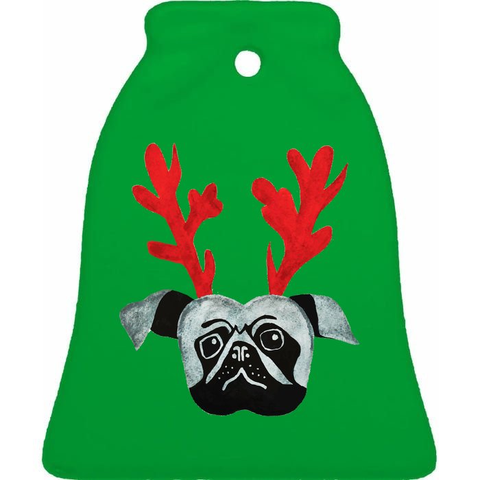 Christmas Pug Reindeer Ceramic Bell Ornament