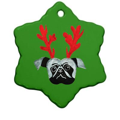 Christmas Pug Reindeer Ceramic Star Ornament