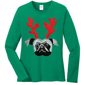 Christmas Pug Reindeer Ladies Long Sleeve Shirt