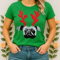 Christmas Pug Reindeer Womens T-Shirt