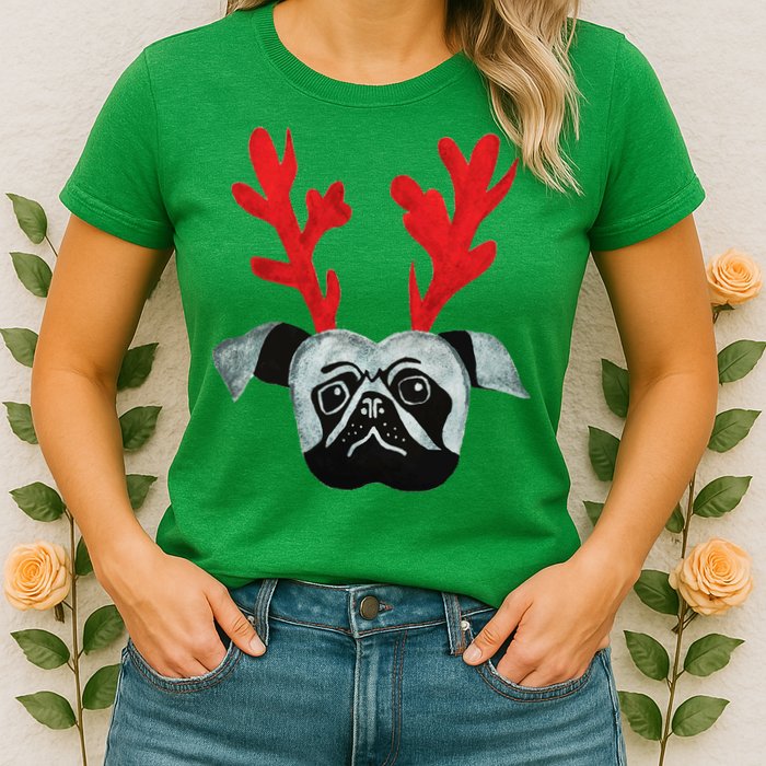 Christmas Pug Reindeer Womens T-Shirt