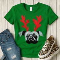 Christmas Pug Reindeer Womens T-Shirt