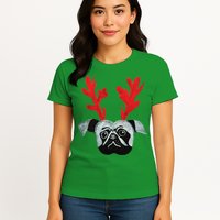 Christmas Pug Reindeer Womens T-Shirt