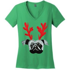 Christmas Pug Reindeer Women's V-Neck T-Shirt