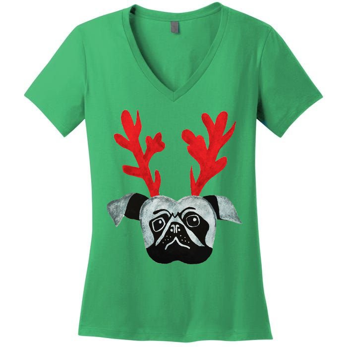 Christmas Pug Reindeer Women's V-Neck T-Shirt