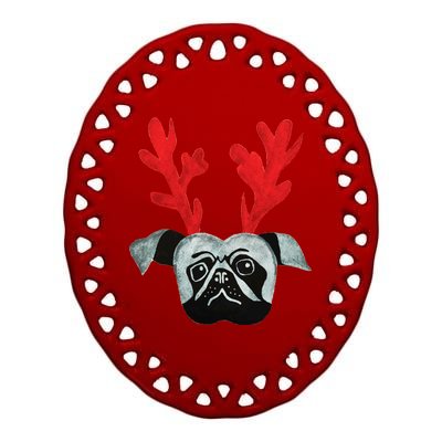 Christmas Pug Reindeer Ceramic Oval Ornament