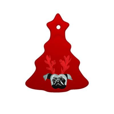 Christmas Pug Reindeer Ceramic Tree Ornament