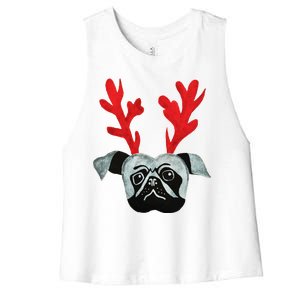 Christmas Pug Reindeer Women's Racerback Cropped Tank