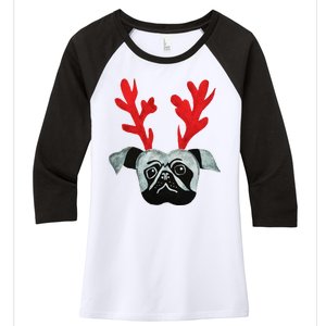 Christmas Pug Reindeer Women's Tri-Blend 3/4-Sleeve Raglan Shirt