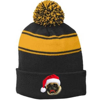 Christmas Pug Santa Hat Cute Stripe Pom Pom Beanie