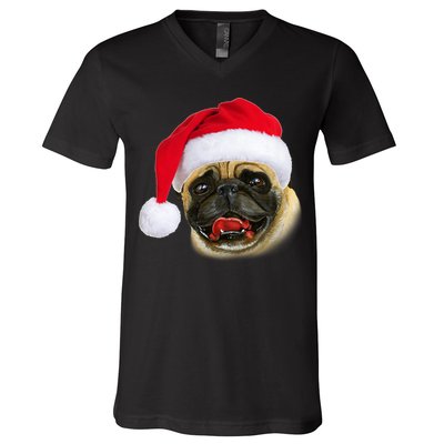 Christmas Pug Santa Hat Cute V-Neck T-Shirt