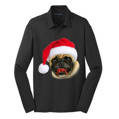 Christmas Pug Santa Hat Cute Silk Touch Performance Long Sleeve Polo