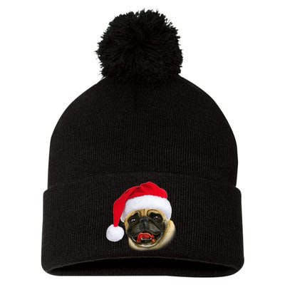 Christmas Pug Santa Hat Cute Pom Pom 12in Knit Beanie