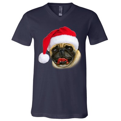 Christmas Pug Santa Hat Cute V-Neck T-Shirt