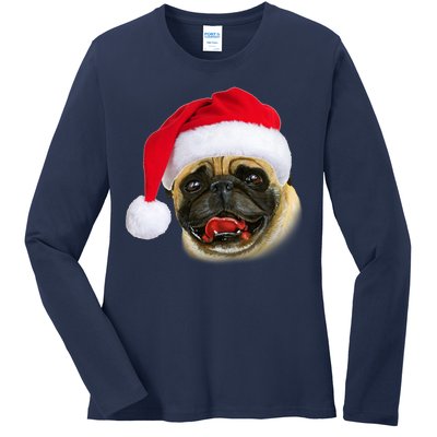 Christmas Pug Santa Hat Cute Ladies Long Sleeve Shirt