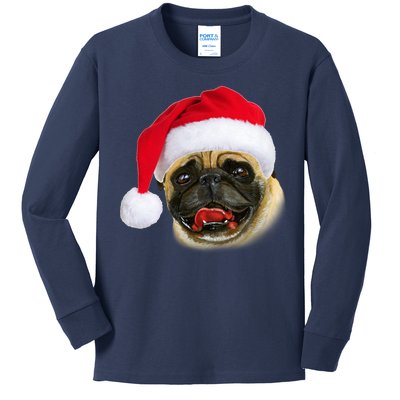 Christmas Pug Santa Hat Cute Kids Long Sleeve Shirt