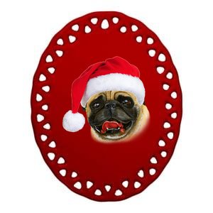 Christmas Pug Santa Hat Cute Ceramic Oval Ornament