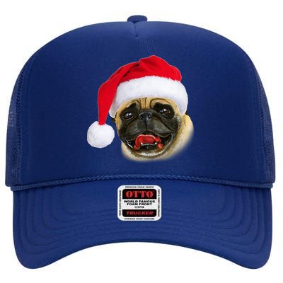 Christmas Pug Santa Hat Cute High Crown Mesh Back Trucker Hat