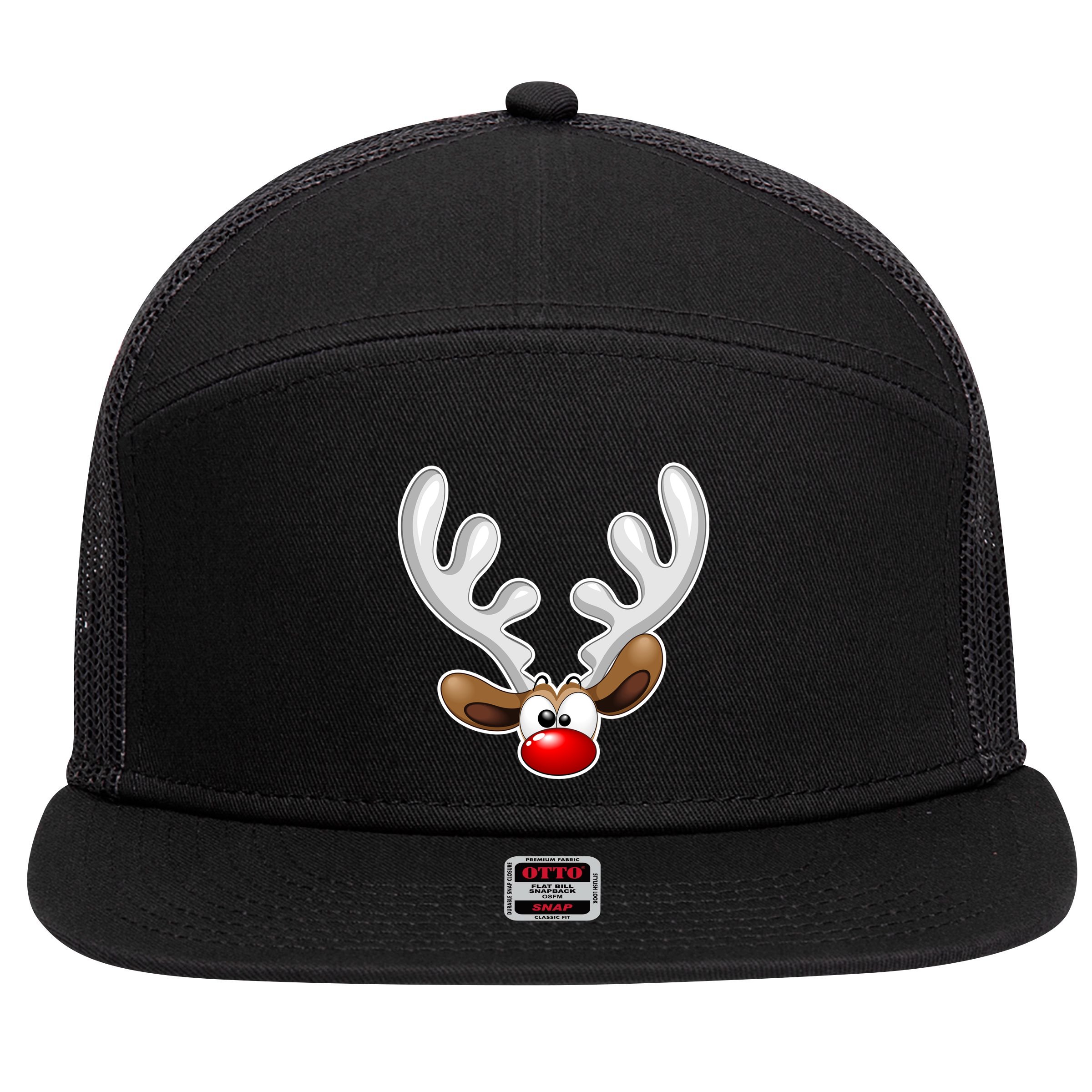 Christmas Red Nose Reindeer Face  7 Panel Mesh Trucker Snapback Hat