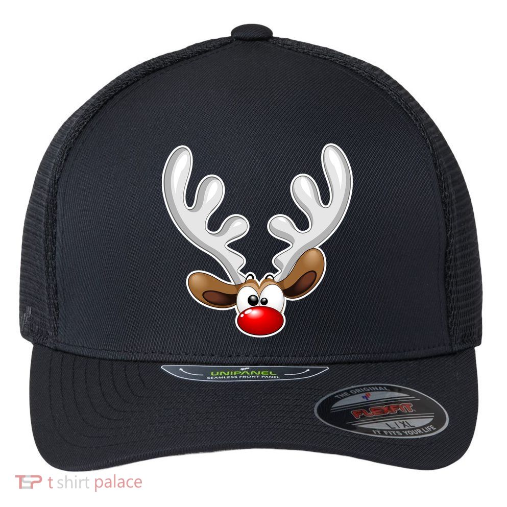 Christmas Red Nose Reindeer Face  Flexfit Unipanel Trucker Cap