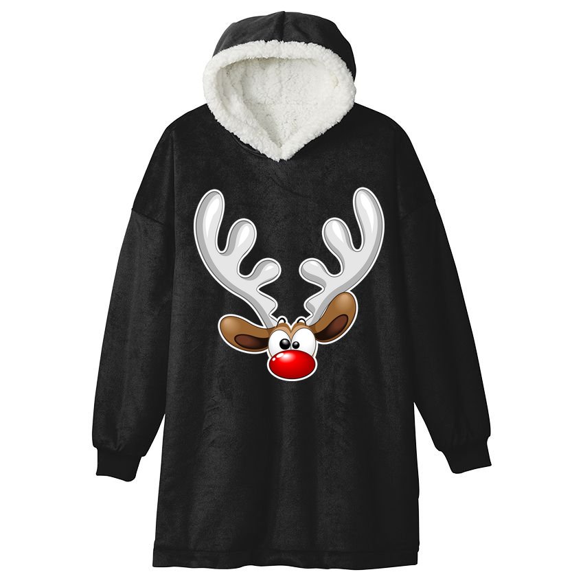 Christmas Red Nose Reindeer Face  Hooded Wearable Blanket