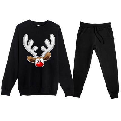 Christmas Red Nose Reindeer Face  Premium Crewneck Sweatsuit Set