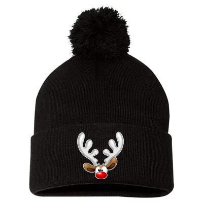 Christmas Red Nose Reindeer Face  Pom Pom 12in Knit Beanie