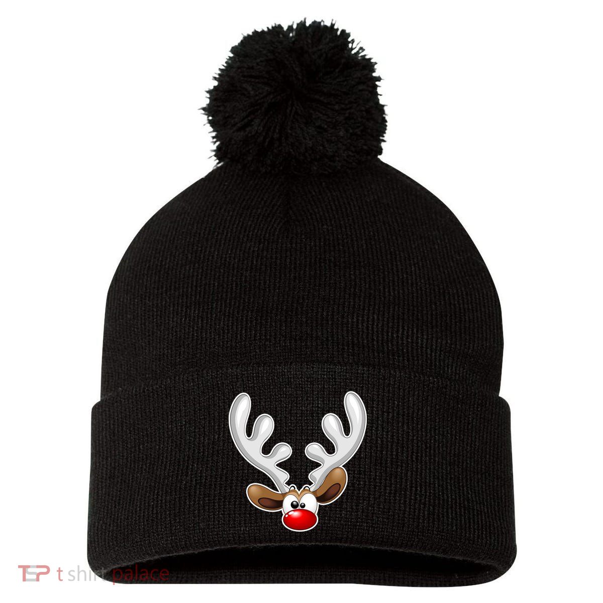 Christmas Red Nose Reindeer Face  Pom Pom 12in Knit Beanie